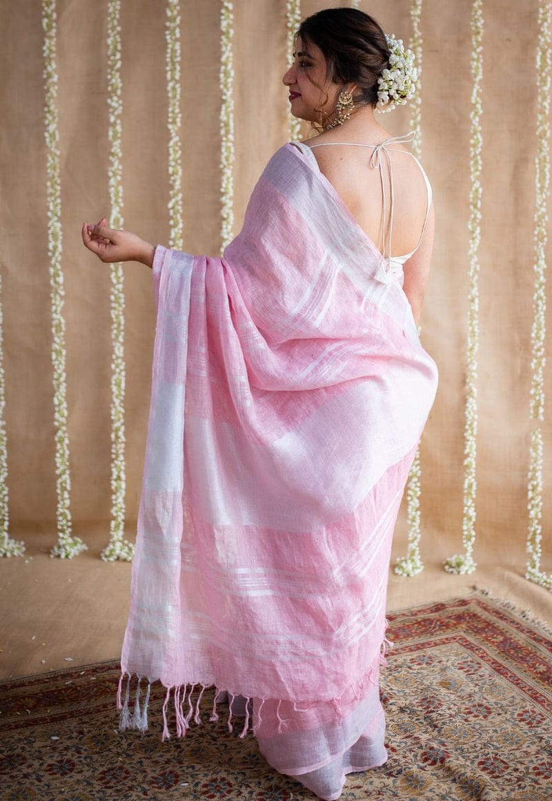 PJFB25A001 Pink Silver Pure Handloom Linen Saree