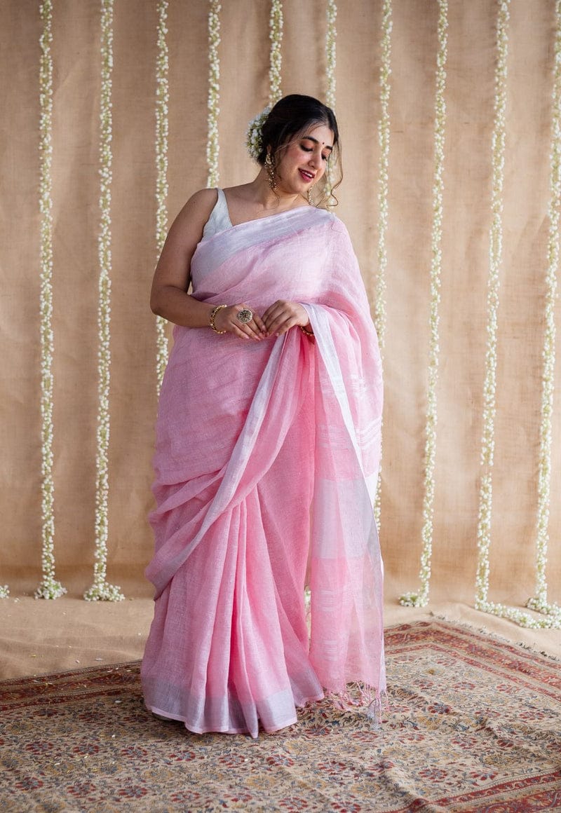 PJFB25A001 Pink Silver Pure Handloom Linen Saree