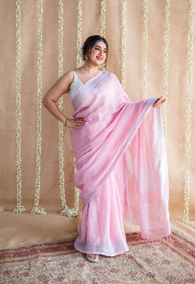 PJFB25A001 Pink Silver Pure Handloom Linen Saree