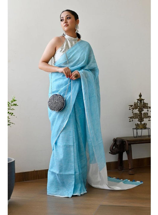 Blue White Pure Handloom Linen Saree