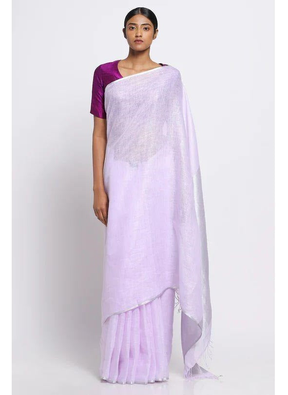 Pink Silver Pure Handloom Linen Saree