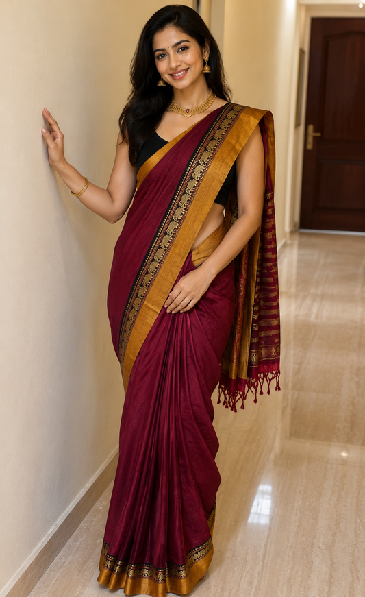 PJJL26A001 Maroon Pure Handloom Narayanpet Cotton Saree