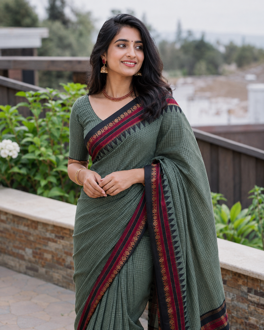 PJJL26A002 Olive Green Pure Handloom Narayanpet Cotton Saree