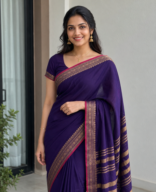 PJJL26A004 Navy Blue Pure Handloom Narayanpet Cotton Saree