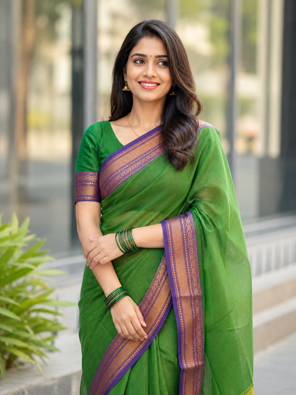 PJJL26A005 Parrot Green Pure Handloom Narayanpet Cotton Saree
