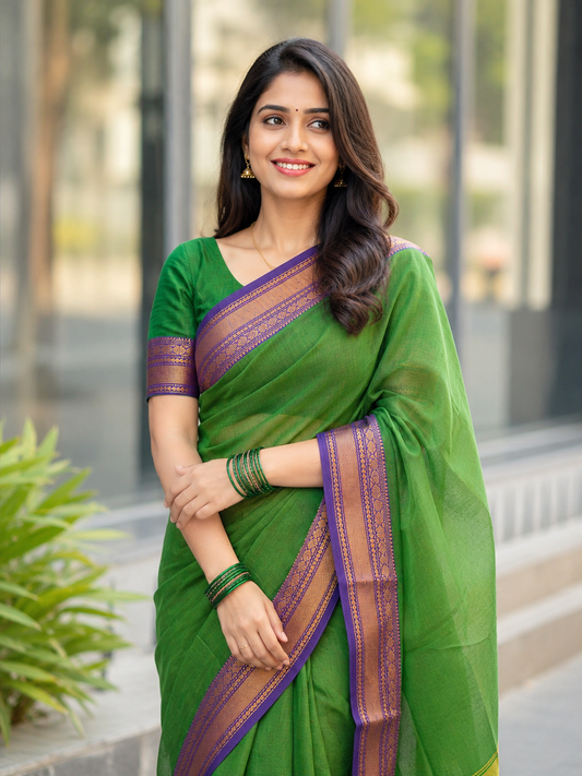 PJJL26A005 Parrot Green Pure Handloom Narayanpet Cotton Saree