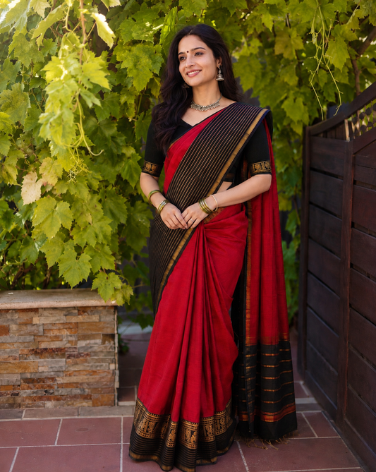 PJJL26A006 Red and Black Pure Handloom Narayanpet Cotton Saree