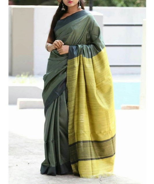 Green Black Handloom Pure Mulberry Tussar Silk Saree