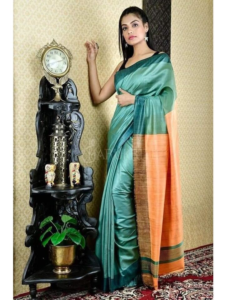 Blue Peach Handloom Pure Mulberry Tussar Silk Saree