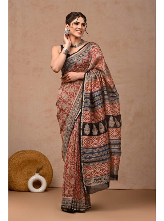 PJMY24A018 Red Black Pure HandBlock Printed Chanderi Silk Saree