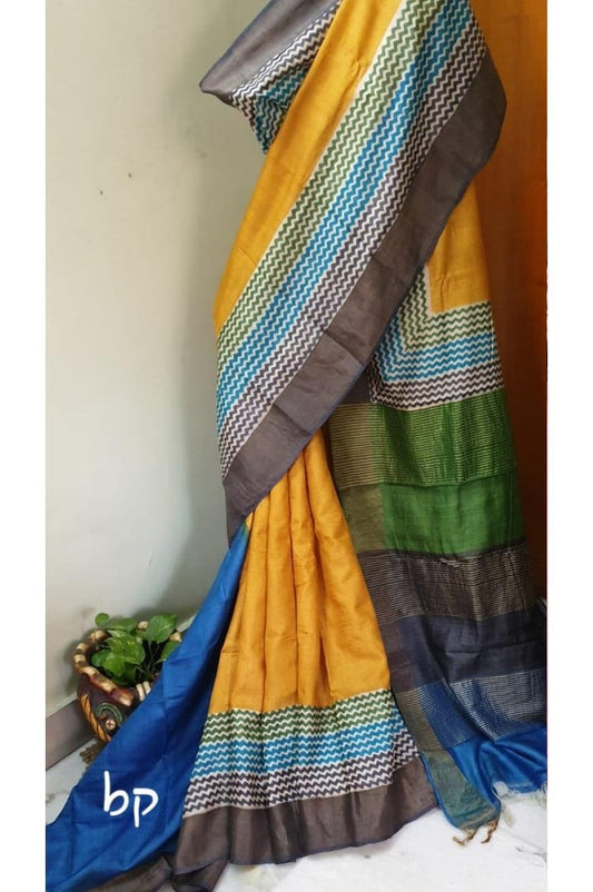 PJNV19B105 Yellow Green HandBlock Print Bishnupuri Silk Saree