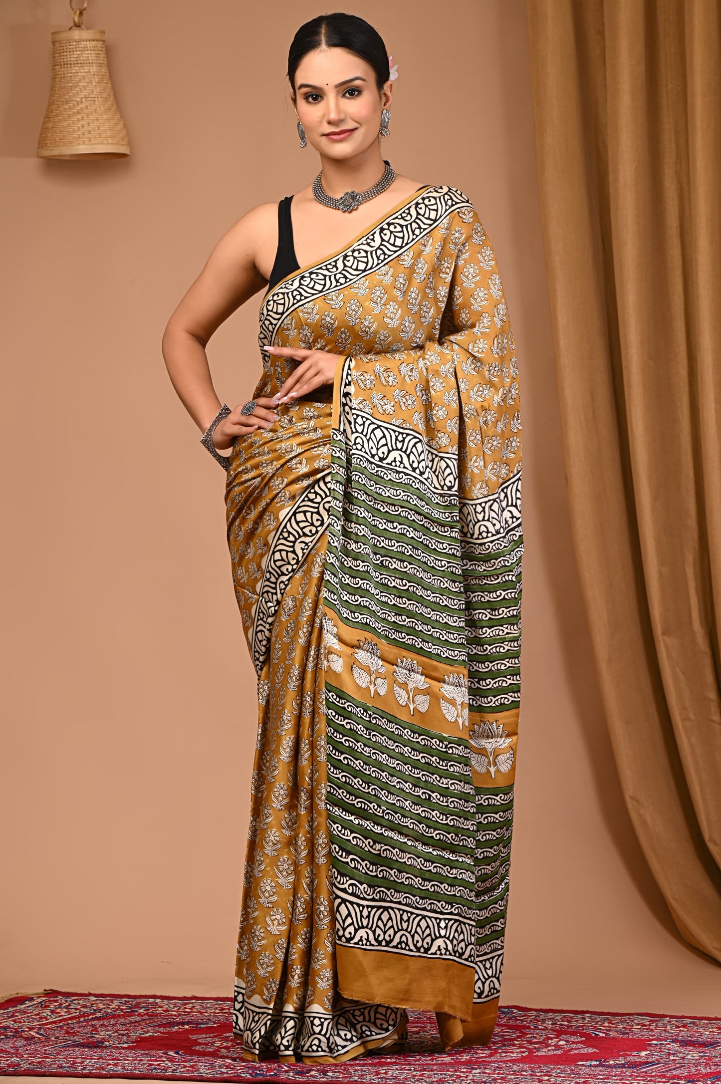 PJNV25A002 Mustard Yellow Pure Block Print Modal Silk Saree