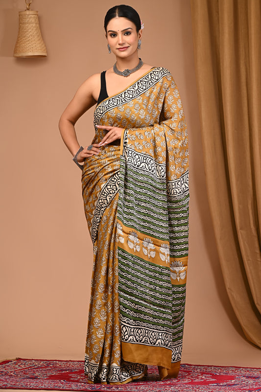 PJNV25A002 Mustard Yellow Pure Block Print Modal Silk Saree