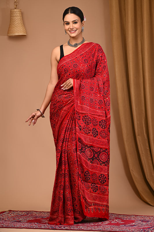 PJNV25A004 Deep Red Pure Block Print Modal Silk Saree