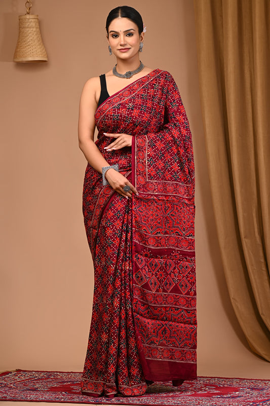 PJNV25A005 Maroonish Red Pure Block Print Modal Silk Saree