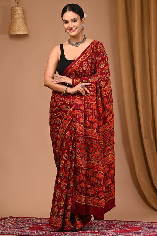 PJNV25A006 Maroon Pure Block Print Modal Silk Saree