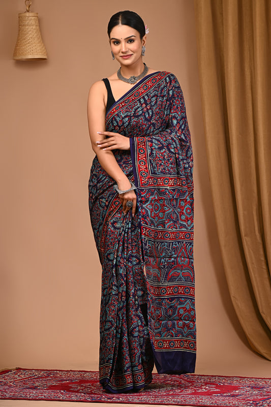 PJNV25A007 Navy Blue Pure Block Print Modal Silk Saree