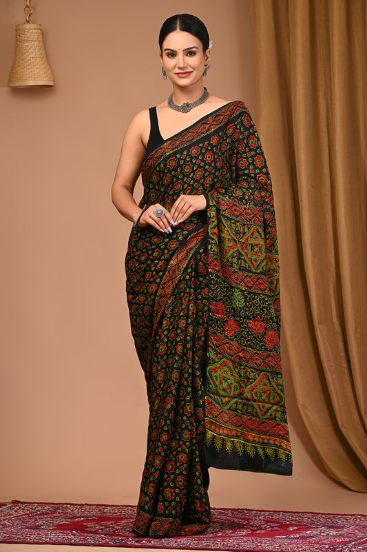 PJNV25A008 Black Pure Block Print Modal Silk Saree