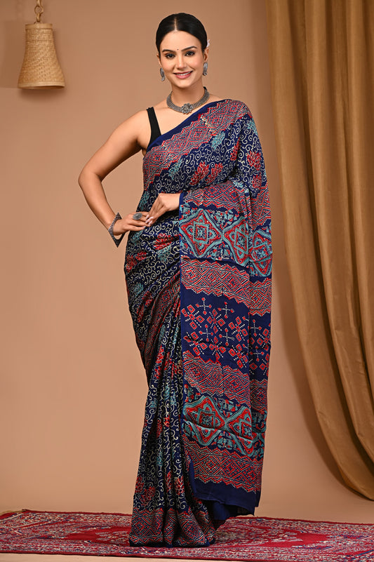 PJNV25A009  Royal Blue Pure Block Print Modal Silk Saree