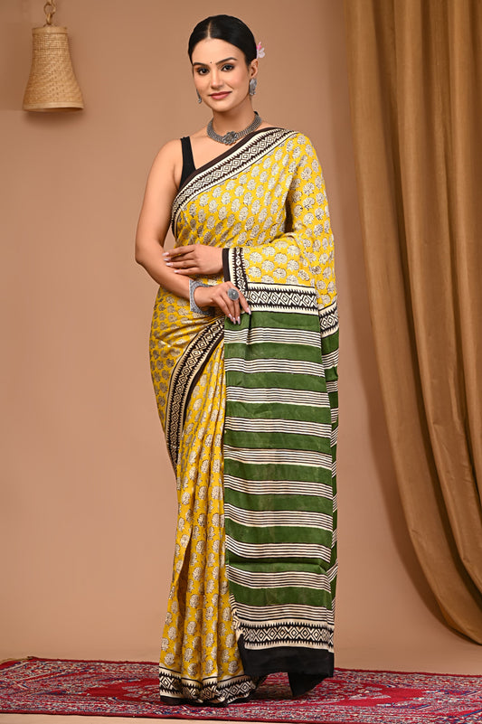 PJNV25A010 Vibrant Yellow Pure Block Print Modal Silk Saree