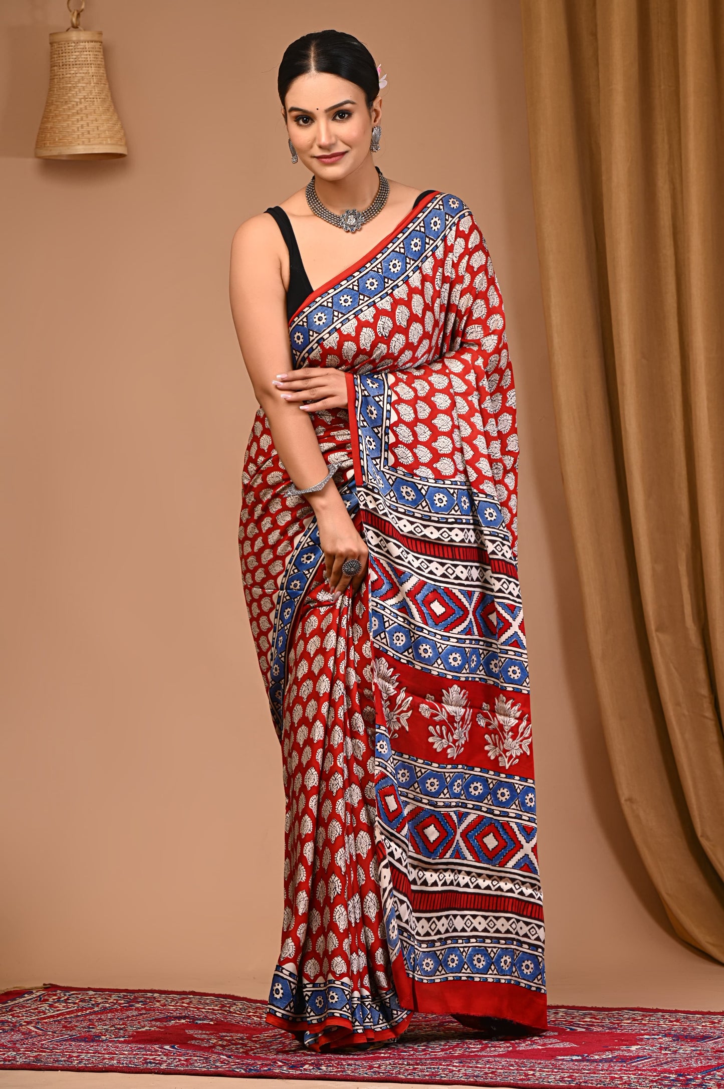 PJNV25A011 Maroon Pure Block Print Modal Silk Saree