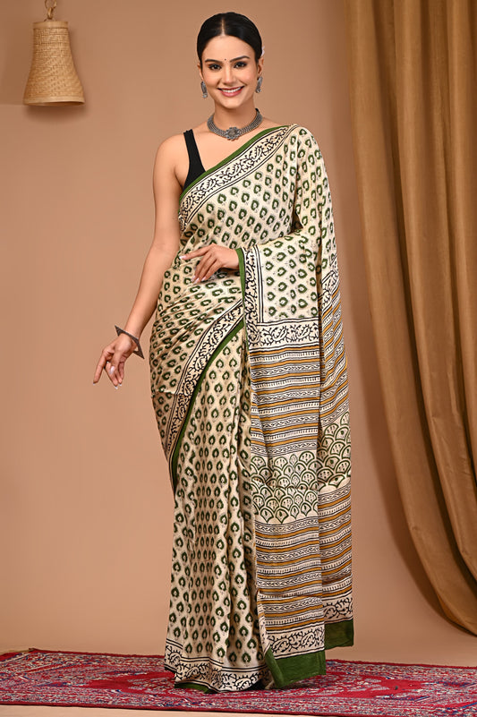 PJNV25A012 Cream Pure Block Print Modal Silk Saree