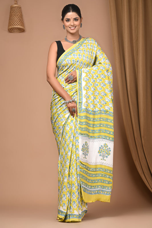 PJNV25A015 Yellow Pure Block Print Modal Silk Saree