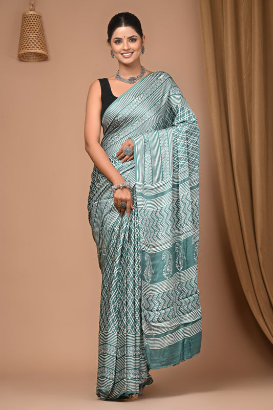 PJNV25A019 Teal Pure Block Print Modal Silk Saree