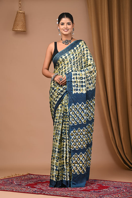 PJNV25A021 Beige Pure Block Print Modal Silk Saree