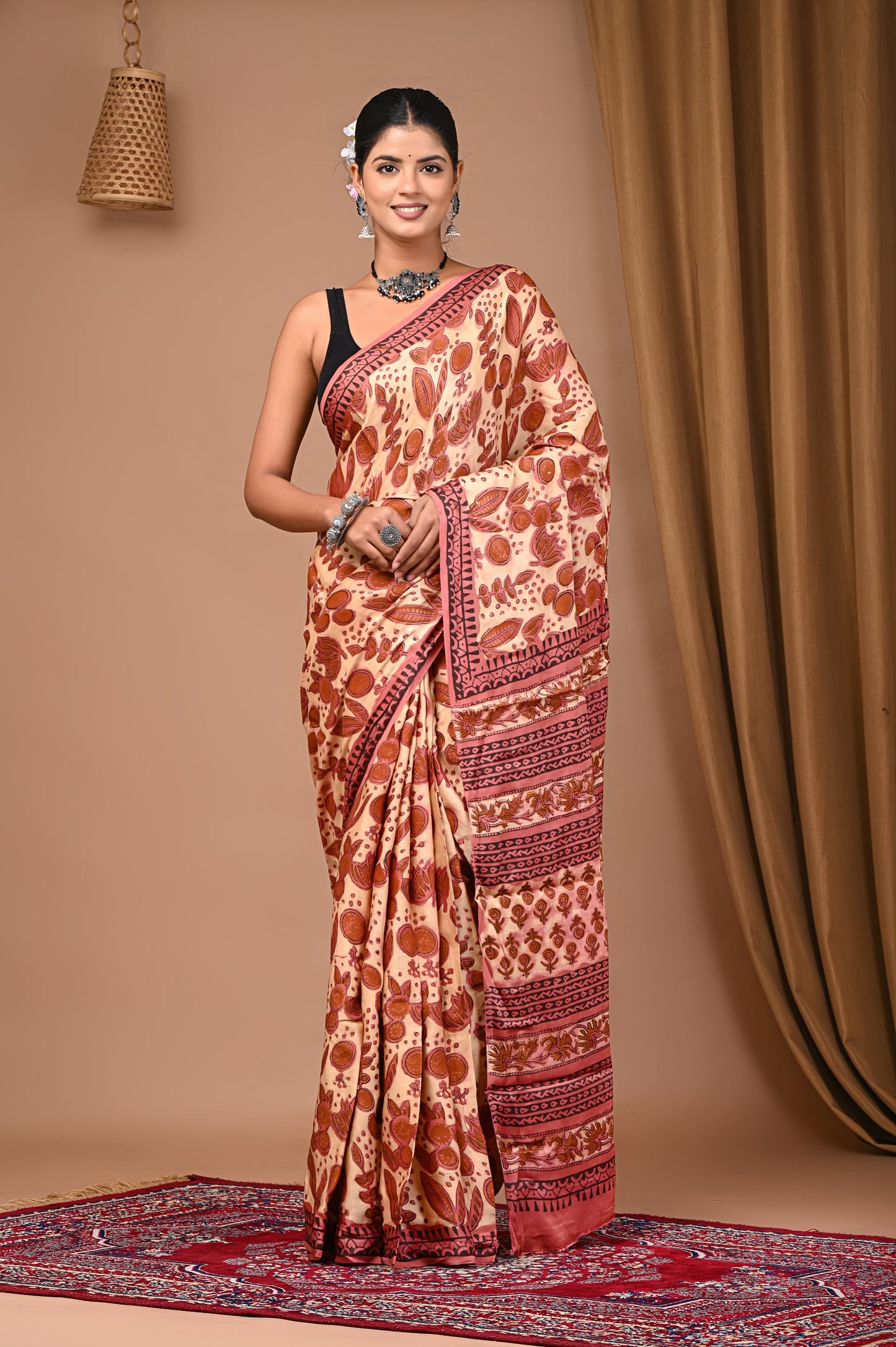 PJNV25A025 Dark Beige Pure Block Print Modal Silk Saree
