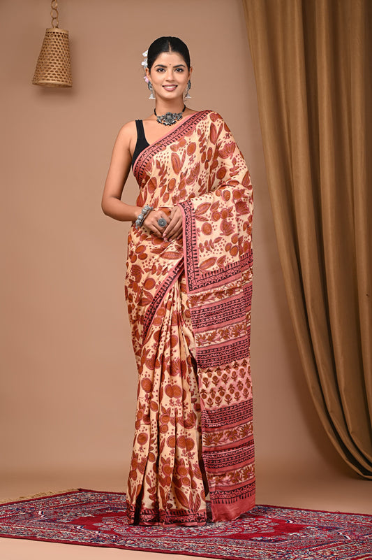 PJNV25A025 Dark Beige Pure Block Print Modal Silk Saree