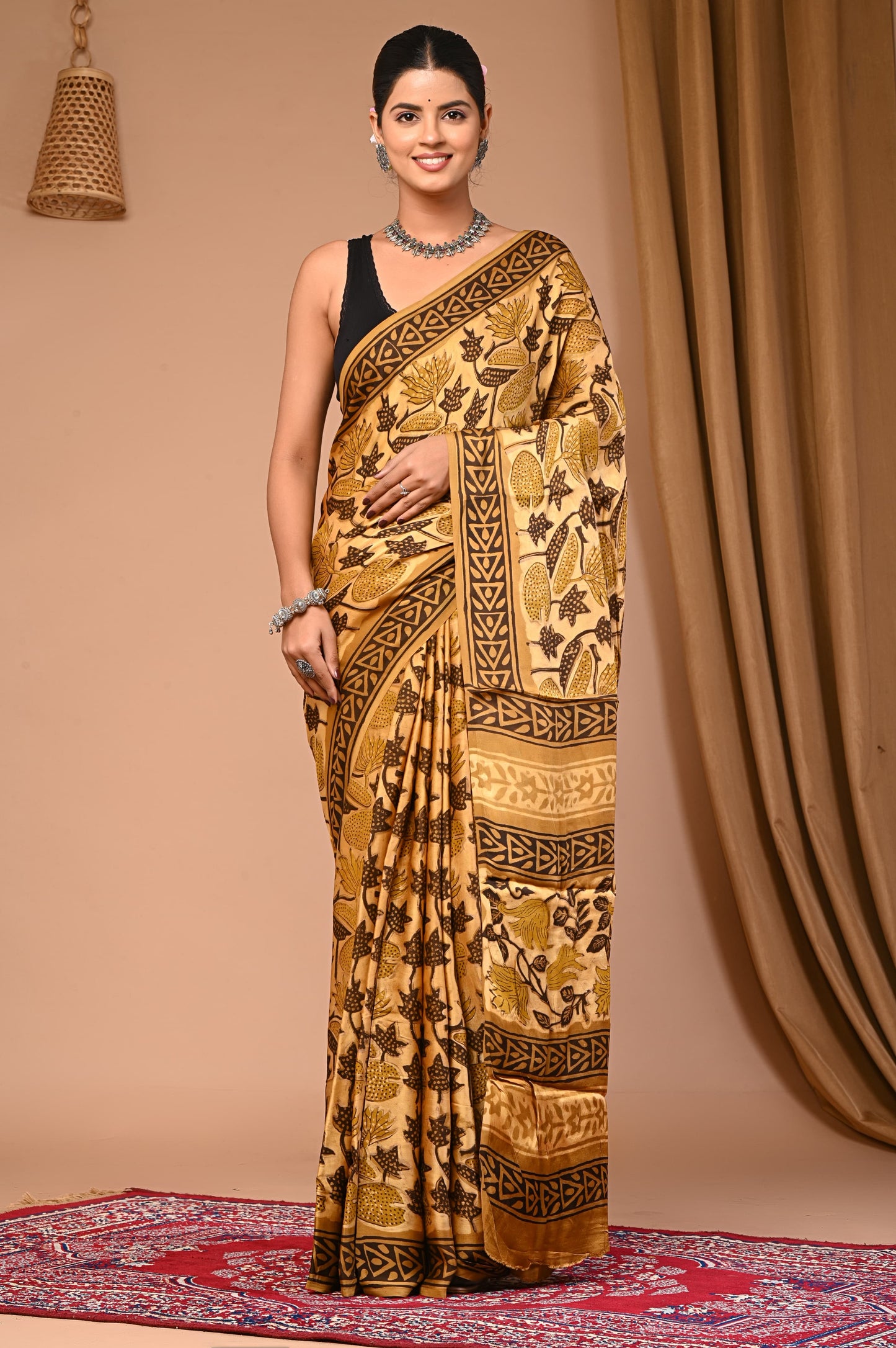 PJNV25A026 Mustard Yellow Pure Block Print Modal Silk Saree