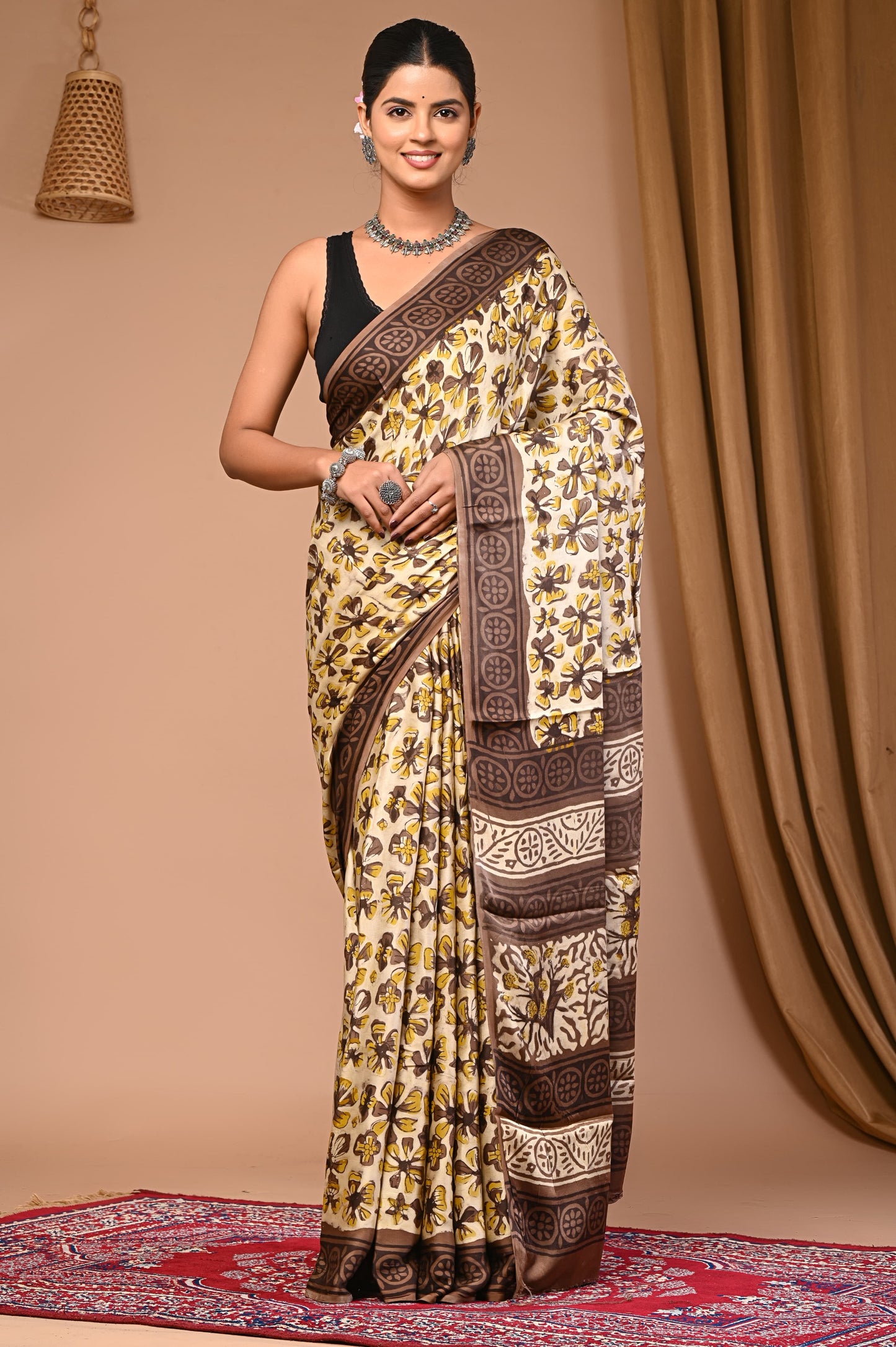 PJNV25A027 Creamy Pure Block Print Modal Silk Saree