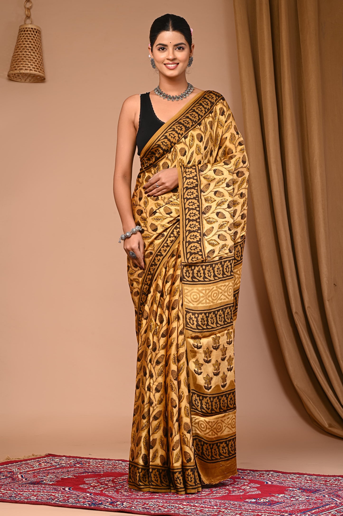 PJNV25A028 Mustard Yellow Pure Block Print Modal Silk Saree