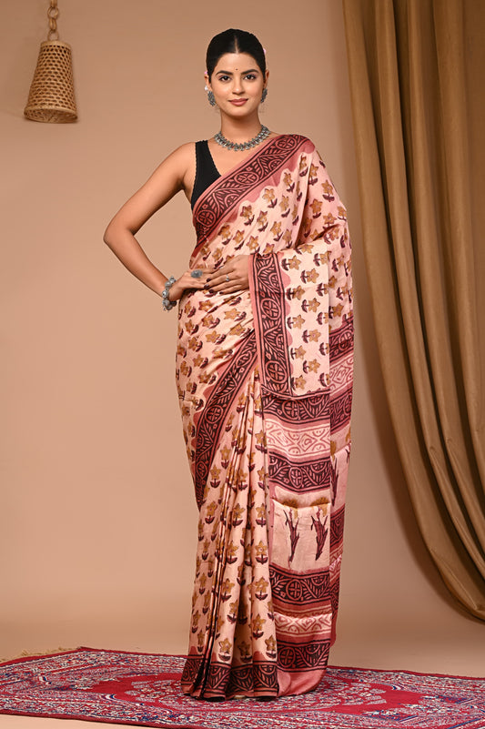 PJNV25A029 Beige Pure Block Print Modal Silk Saree