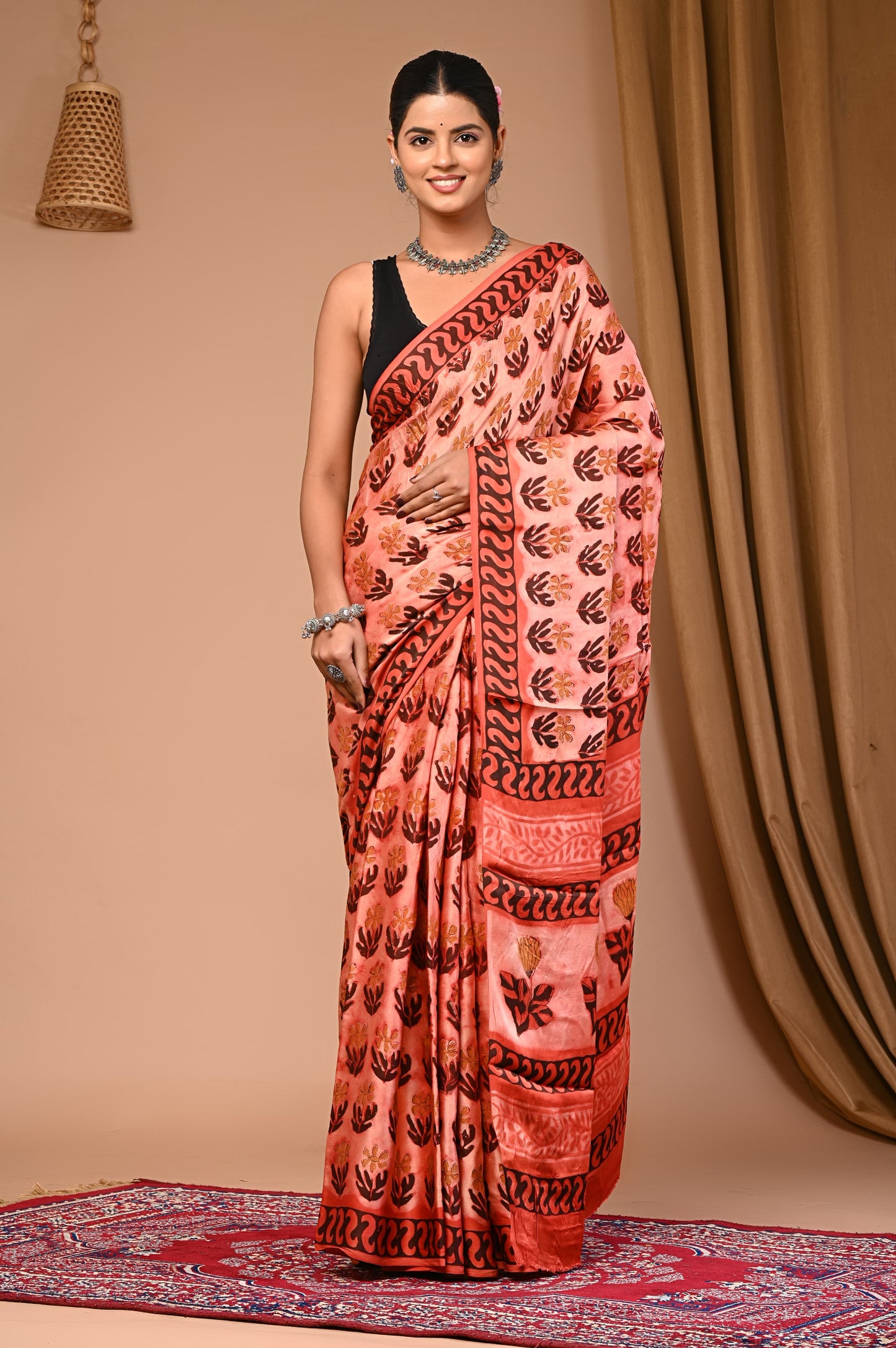 PJNV25A032 Apricot Pure Block Print Modal Silk Saree