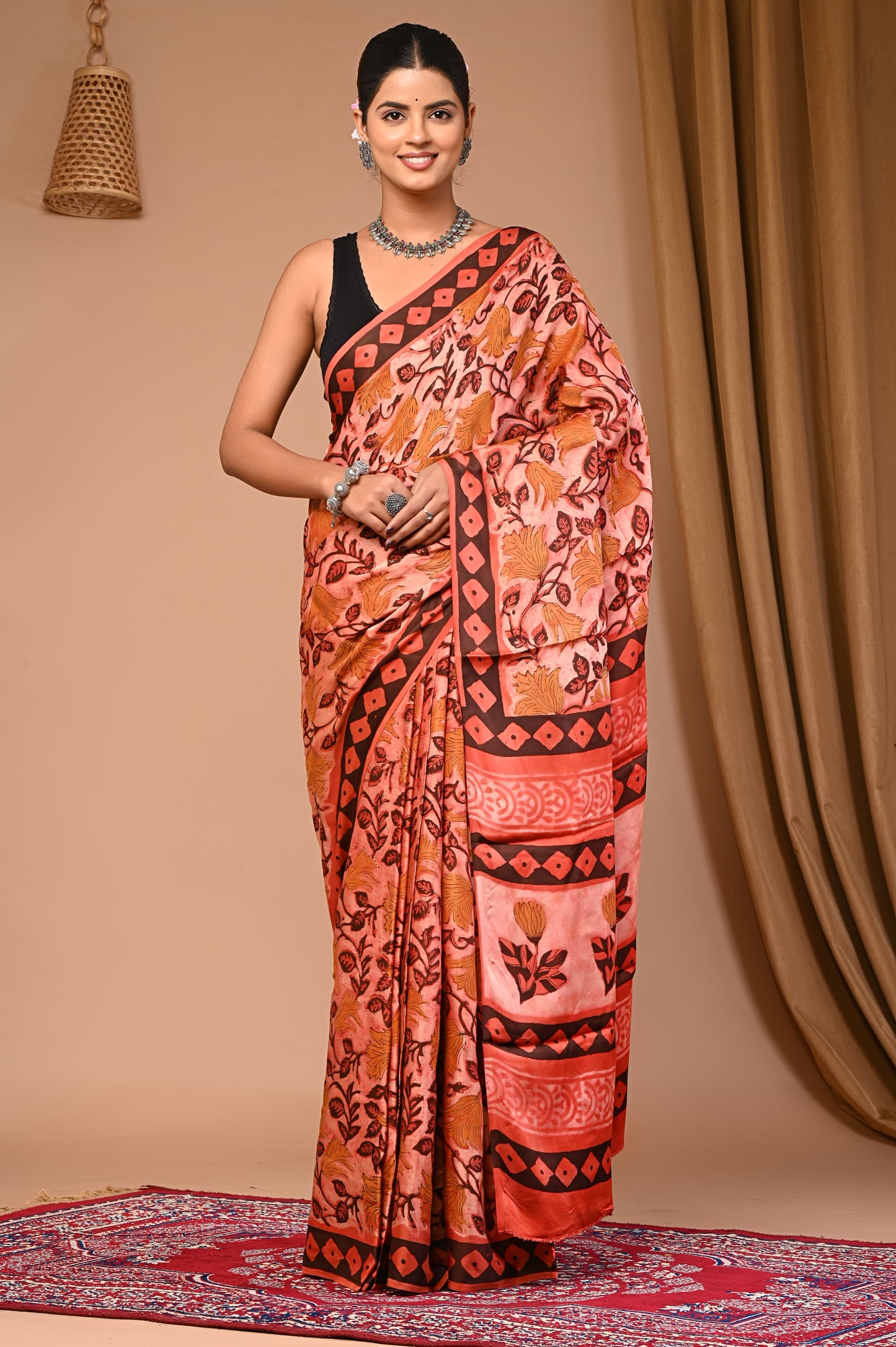 PJNV25A034 Apricot Pure Block Print Modal Silk Saree