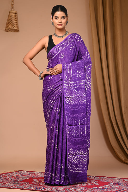 PJNV25A035 Vibrant Purple Pure Block Print Modal Silk Saree