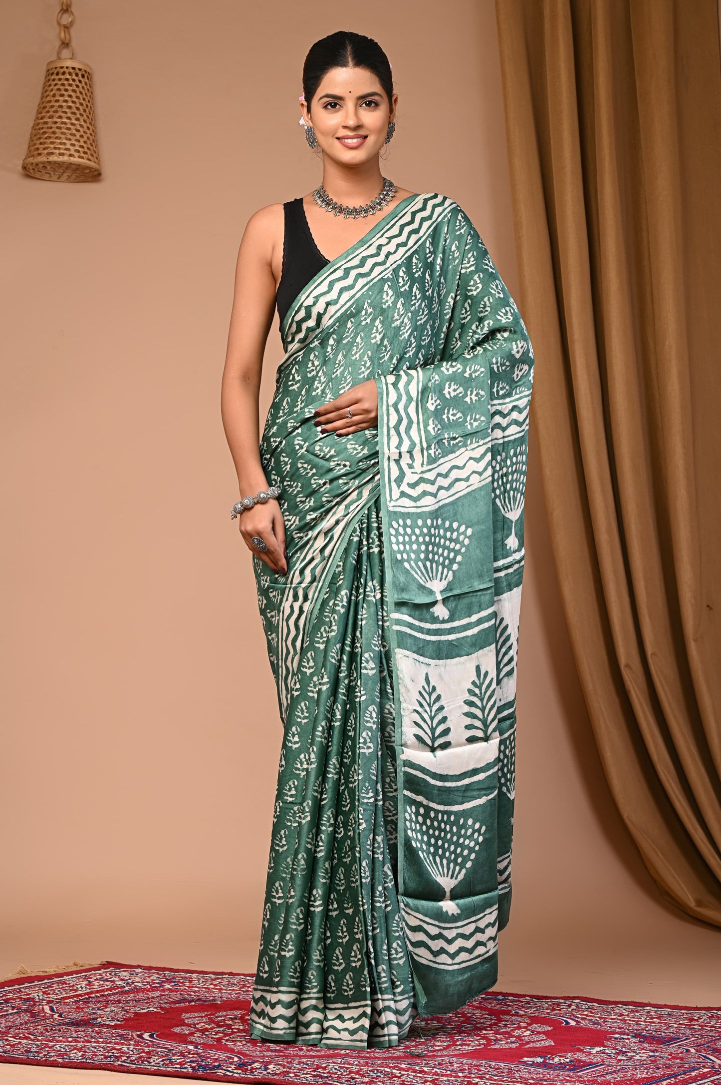 PJNV25A036 Green Pure Block Print Modal Silk Saree