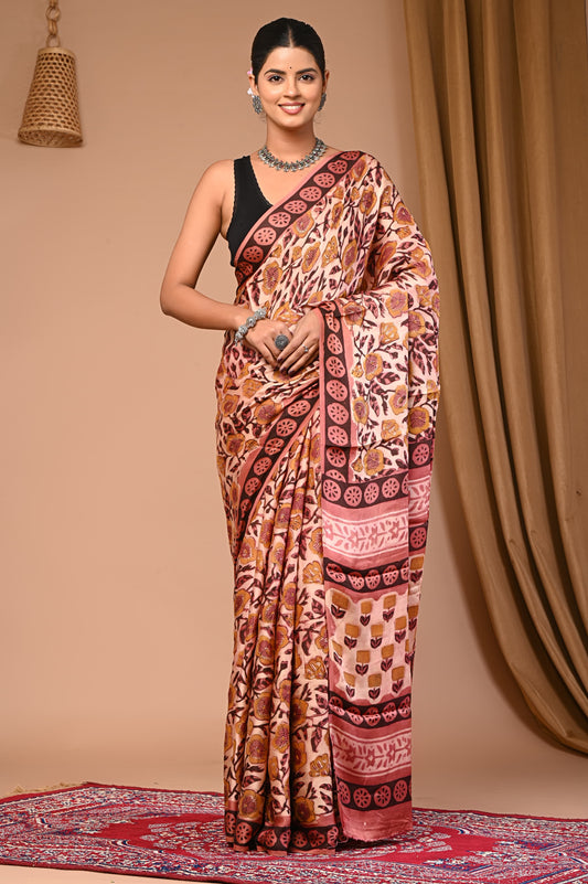 PJNV25A037 Peach Pure Block Print Modal Silk Saree