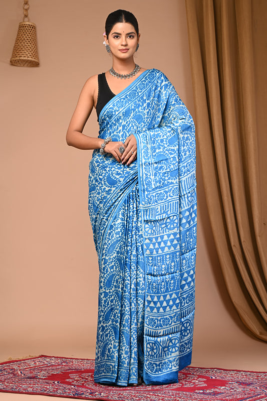 PJNV25A038 Blue Pure Block Print Modal Silk Saree