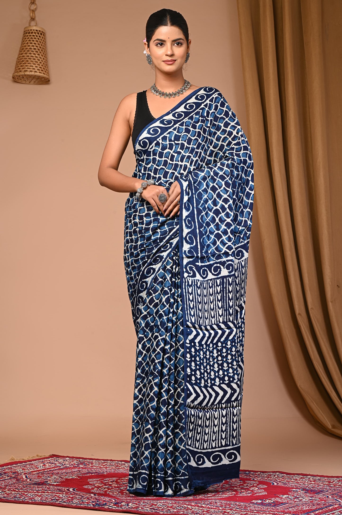 PJNV25A039 Dark Blue Pure Block Print Modal Silk Saree