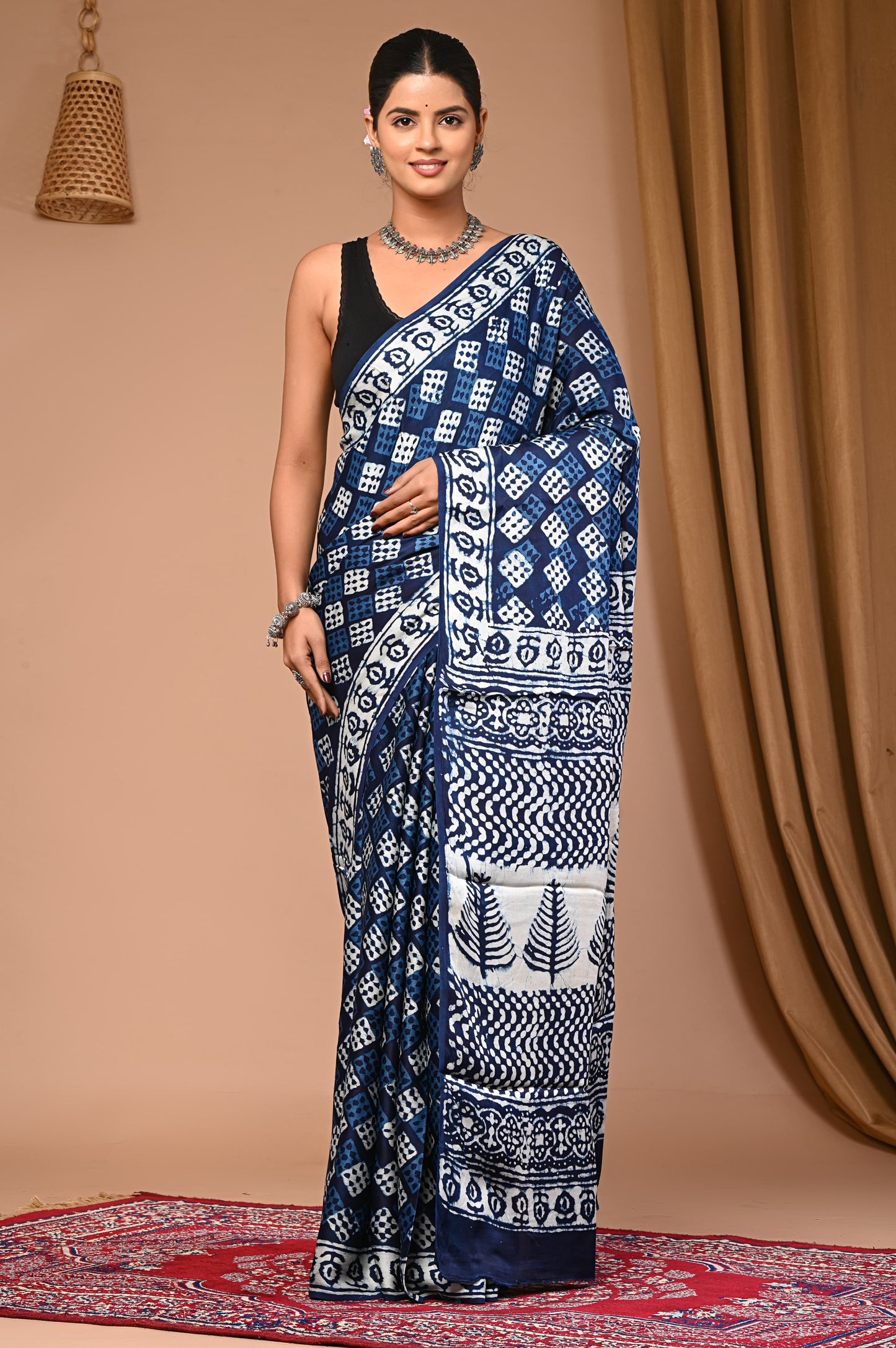 PJNV25A040 Dark Blue Pure Block Print Modal Silk Saree