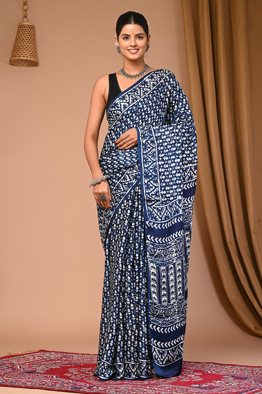 PJNV25A043 Blue Pure Block Print Modal Silk Saree