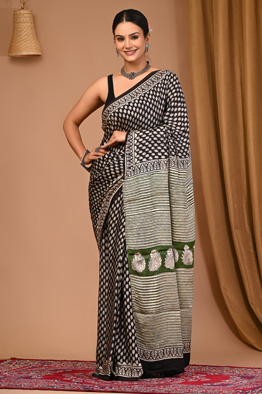 PJNV25A044 Black Pure Block Print Modal Silk Saree