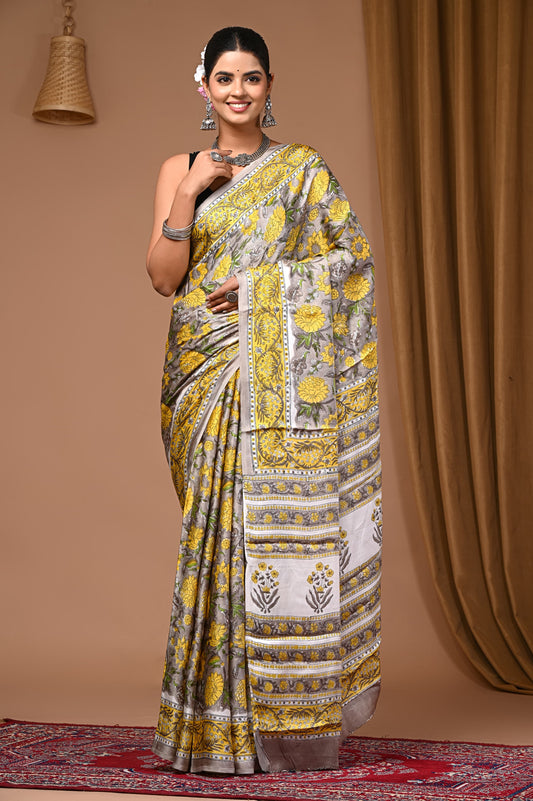 PJNV25A046 Gray Pure Block Print Modal Silk Saree