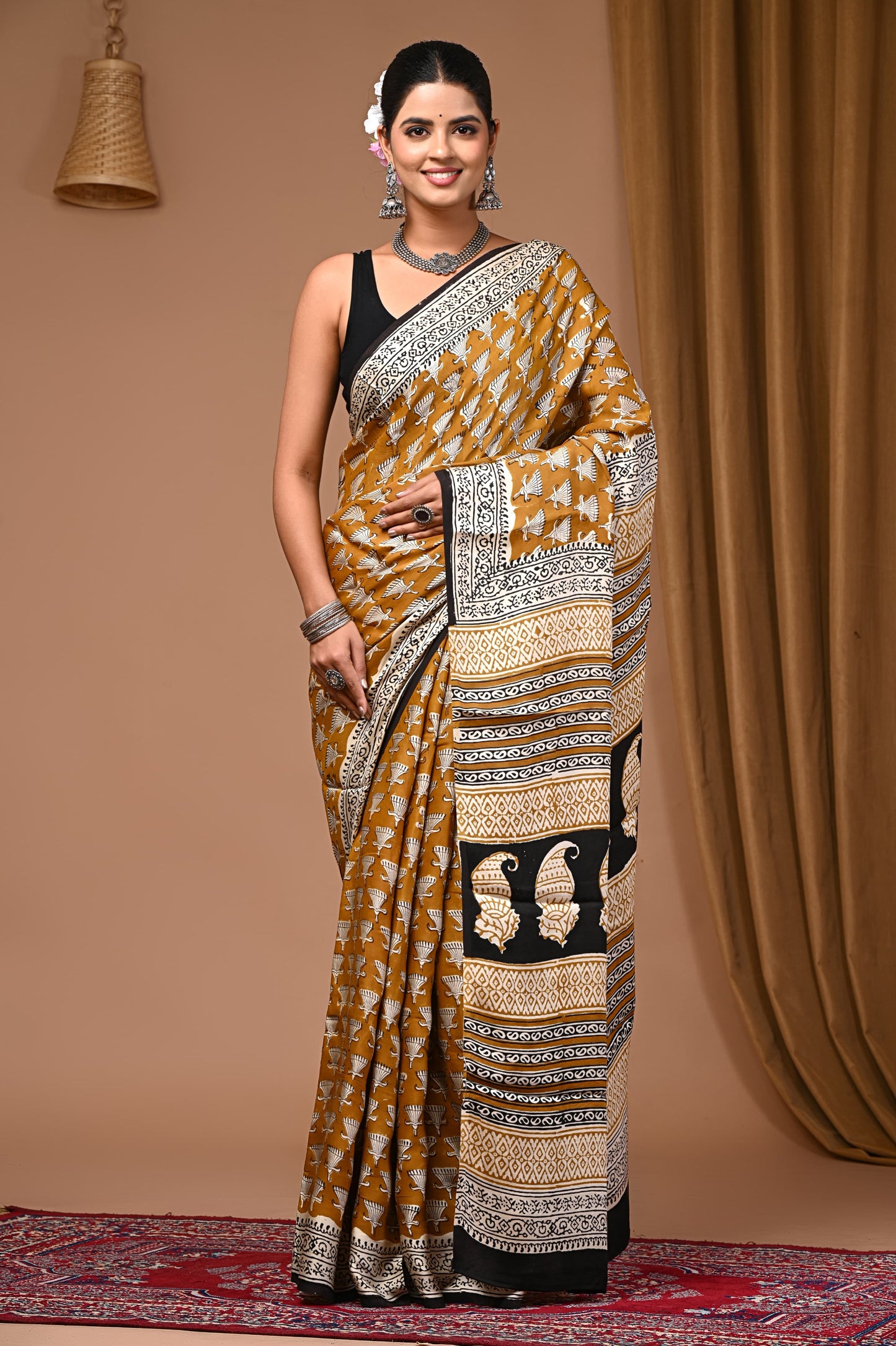 PJNV25A047 Mustard Yellow Pure Block Print Modal Silk Saree