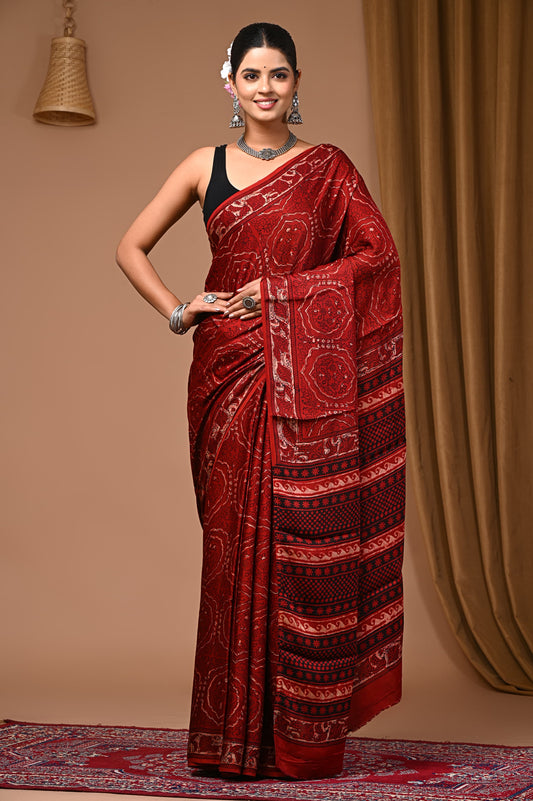 PJNV25A049 Wine Red Pure Block Print Modal Silk Saree