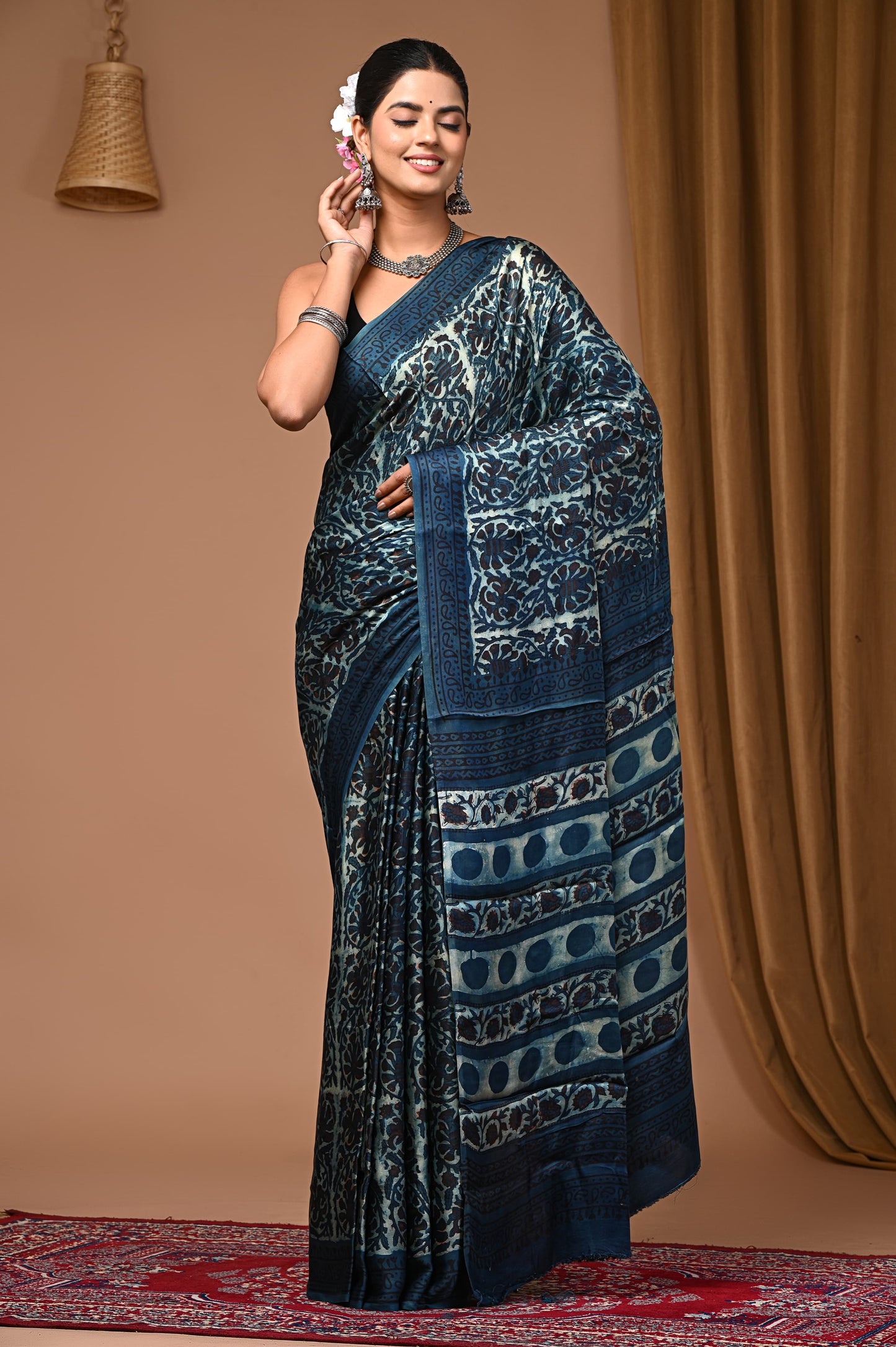 PJNV25A050 Teal Pure Block Print Modal Silk Saree