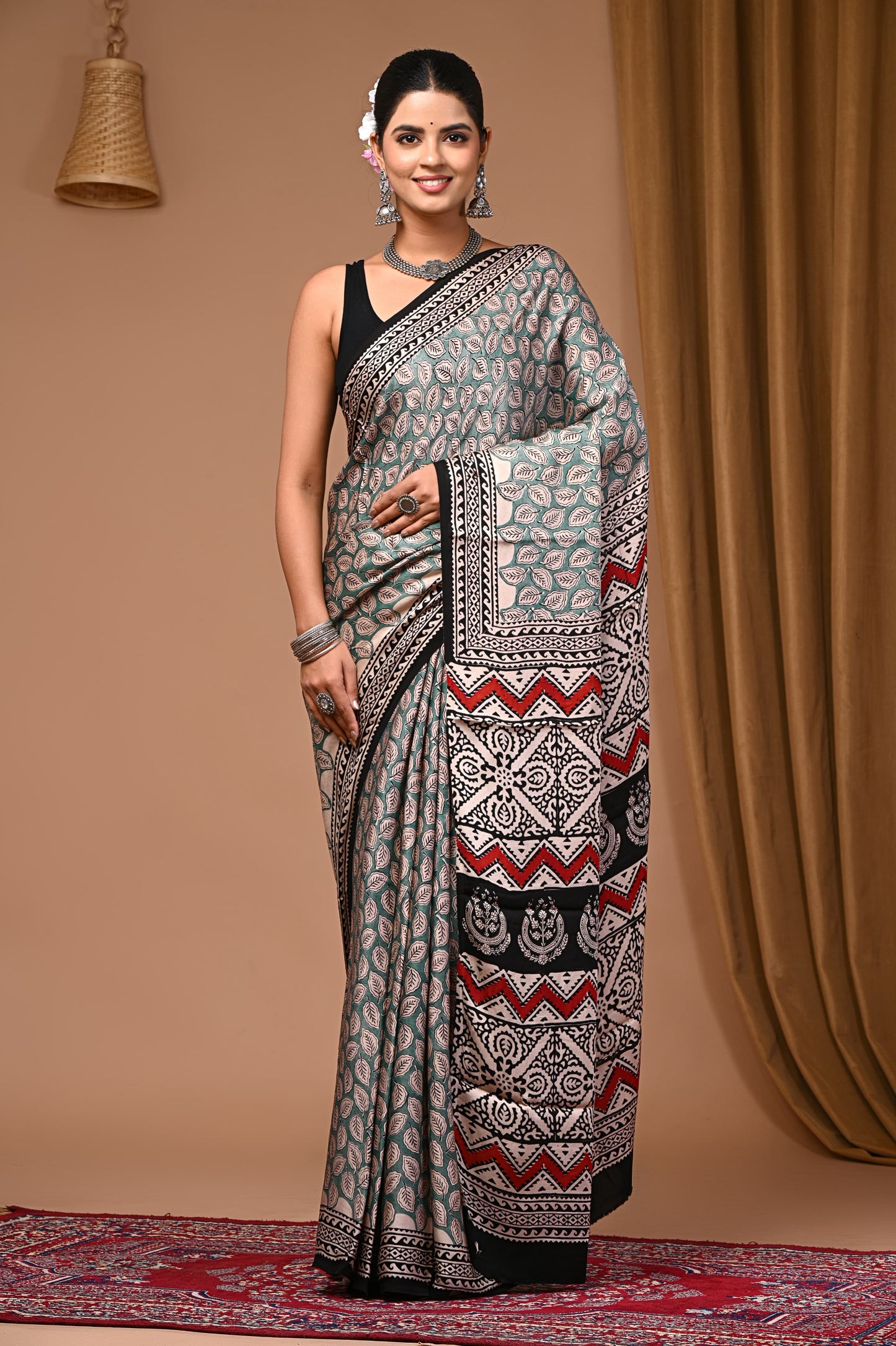 PJNV25A051 Green Pure Block Print Modal Silk Saree